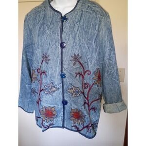 VTG Flashback‎ Denim Embroidered Jacket Size Large Button Floral Artsy Button